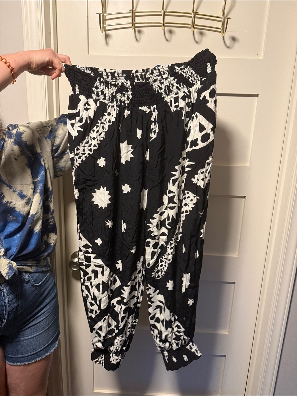 Anthropologie Black & White Smocked-Waist Printed Harem Joggers NWOT
